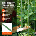 Close-up of green metal plant support in a garden with inset showing coated rod and text about carbon steel durability