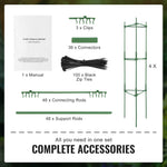 Kit layout image showing manual, zip ties, connectors and a single assembled green plant cage with accessory counts