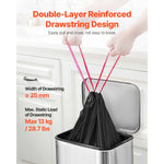 Hands pulling pink drawstrings to lift a tied black trash bag from a stainless rectangular trash can, drawstring callout text