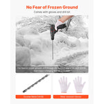 Gloved hand using a drill in snowy ground illustration with icons of a metal drill bit and wear-resistant gloves beneath.