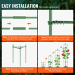 Instructional four-panel graphic showing assembly steps and connector details for green plant support rods