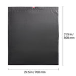 Flat black garbage bag shown full-width with measurement markers along right and bottom edges