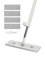 KFFKFF flat mop head with telescoping metal handle, base plate, small scraper and four rectangular gray microfiber mop pads on white background