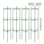 Four identical green stackable tomato cages with dimension callouts showing 11.02 in width and 63.78 in height