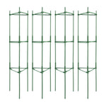 Four green stackable metal tomato cages with triangular support braces shown on white background