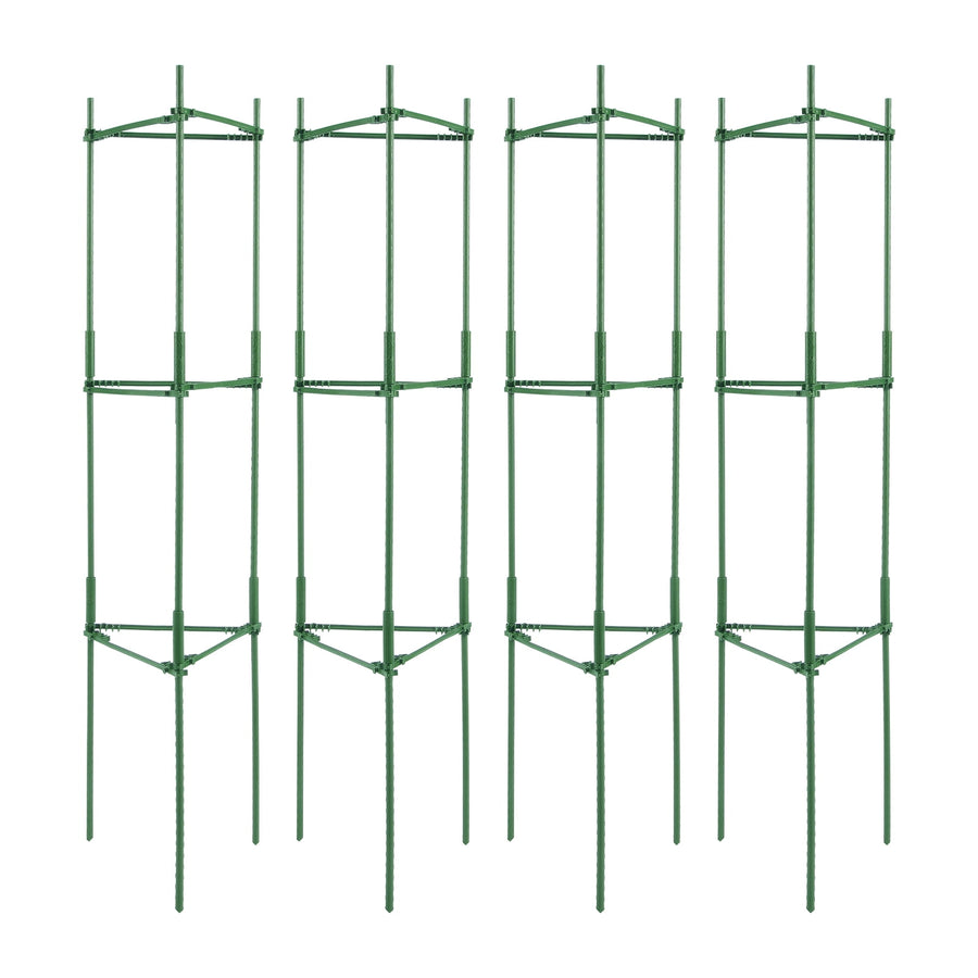 Four green stackable metal tomato cages with triangular support braces shown on white background