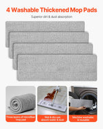 Four gray rectangular washable KFFKFF microfiber mop pads arranged in staggered rows with three inset images showing texture, wet use and machine washing