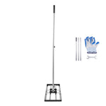 Full-length lawn leveling rake with long silver handle, rectangular black metal base, included gloves and wrench