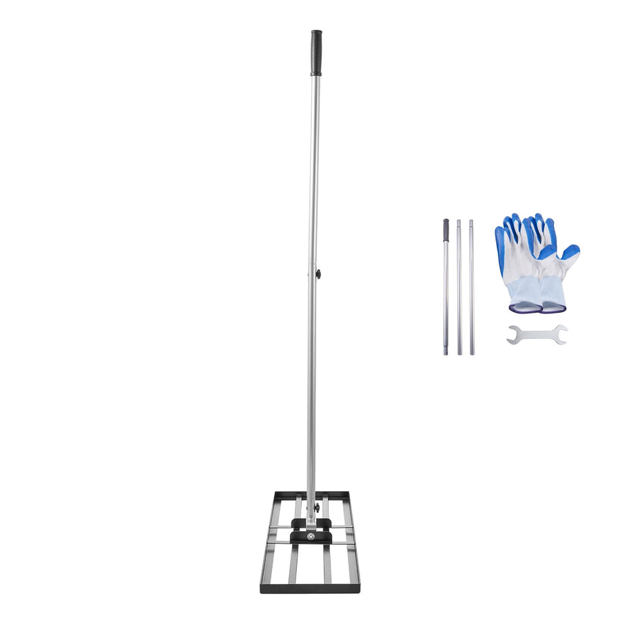 Full-length lawn leveling rake with long silver handle, rectangular black metal base, included gloves and wrench