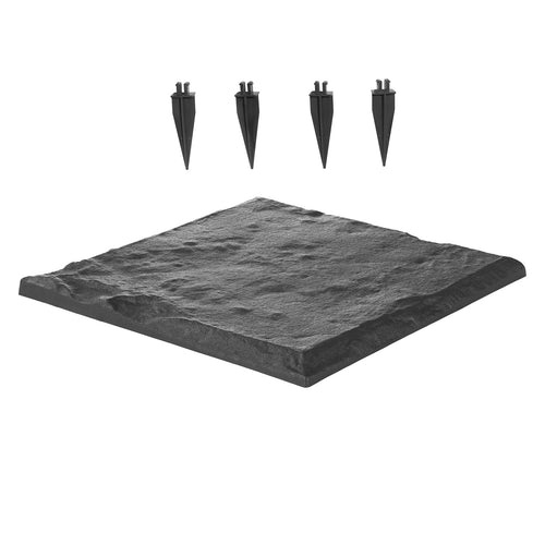 Dark gray square plastic stepping stone displayed on white with four pointed ground stakes above it