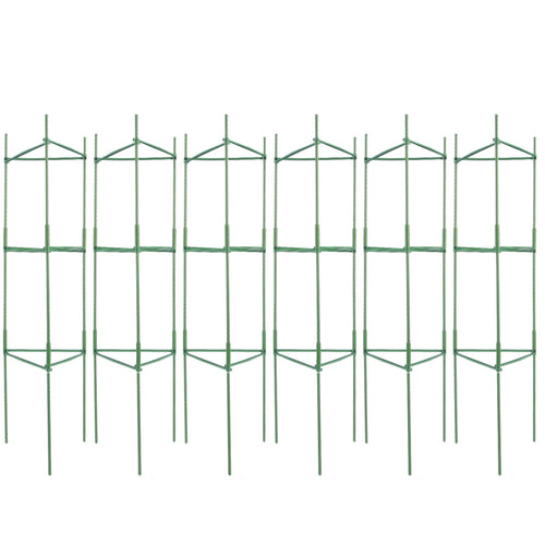 Six green metal KFFKFF triangular tomato support cages arranged side by side on white background.