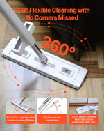 KFFKFF mop head and handle demonstrating 360-degree swivel capability with overlay arrows and three feature thumbnails