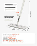 KFFKFF flat mop product layout with assembled mop, rolled microfiber pads, small scraper, stainless handle sections and dimensional callouts