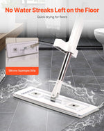 KFFKFF flat mop head on a wet tiled floor highlighting a silicone squeegee strip and claim of no water streaks