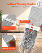 Promotional graphic showing a KFFKFF mop pad being wrung by a built-in dual spring scraper with water and debris being expelled