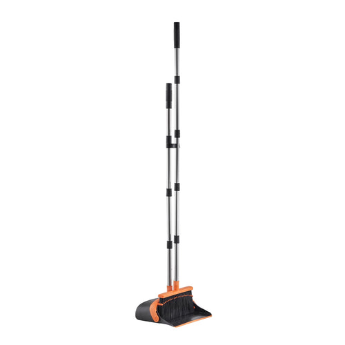 Black and orange upright broom and dustpan set with telescoping metal handle standing on white background.