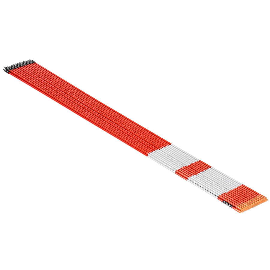 Bundle of long orange-and-white fiberglass driveway marker rods laid diagonally on a white background.