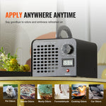 Ozone generator on a surface with headline 'APPLY ANYWHERE ANYTIME' and icons for odors it addresses