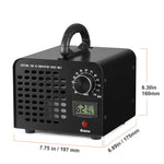 Black ozone generator with top handle, timer dial and LCD percentage reading, dimensions labeled around unit