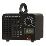 Portable black ozone generator with top handle, timer dial, vented front panel and small digital humidity display