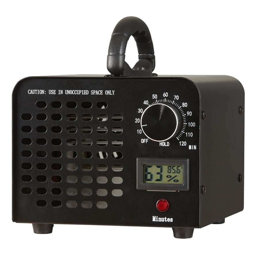Portable black ozone generator with top handle, timer dial, vented front panel and small digital humidity display