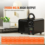 Ozone generator placed on a table next to decor with overlay text highlighting '24000 MG/H HIGH OUTPUT'