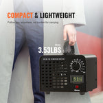 Person holding a compact black ozone generator by its handle with text overlay noting compact and lightweight