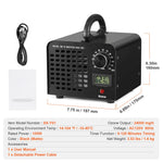 Ozone generator displayed alongside power cable, manual and dimension callouts with spec table below