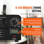 Close-up of ozone generator timer dial and LCD with overlay text about '0-120 minutes timing setting' and features