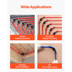 Four application photos showing PEX bend supports used in heating, plumbing, building, and DIY scenarios