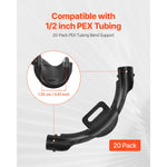 Graphic showing a PEX bend support with dimension callout and compatibility text for 1/2 inch tubing