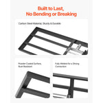 Close-up product detail images showing powder-coated black rectangular base, welds and frame corners of the lawn leveling rake