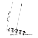 Lawn leveling rake showing dimensions: long telescoping silver handle attached to 36 x 10 inch rectangular black metal base