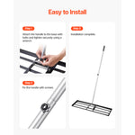Installation instruction graphic showing hands attaching the rake handle to the rectangular metal base and a completed assembled rake
