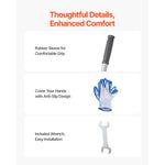 Feature panel highlighting handle rubber sleeve, anti-slip gloves and included wrench with separate images of each item