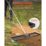 Lifestyle-style image of rake leveling soil on grass, with close-up inset showing 0.8 in base thickness and 36 by 10 inch callouts
