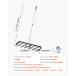 Lawn leveling tool with measurement callouts and product specs panel, telescoping handle and rectangular metal base displayed