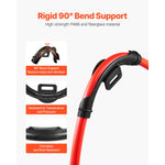 Detailed view of a red PEX pipe routed through a black rigid 90-degree bend support with callout icons