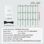 Specification panel showing four assembled green plant cages, manual and zip ties with product dimensions and specs