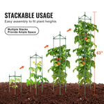 Graphic showing four heights of stackable green plant supports in soil with 63" height marker