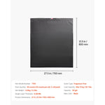Black trash bag laid flat on white background with dimension lines and a product info panel beneath
