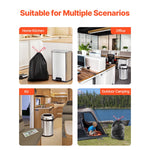 Four-panel lifestyle graphic showing black tied trash bag by a kitchen bin, office, RV interior and outdoor camping scene