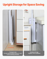 Upright storage visuals for KFFKFF flat mop showing compact vertical footprint and a hanging storage option next to furniture and appliances