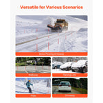 Collage showing orange-and-white markers used in snow plowing, walkways, parking lots, skiing and driveways with scenario labels.