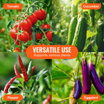 Collage of vegetables - tomatoes, cucumber, peppers and eggplant - with 'Versatile Use' label for plant supports