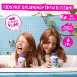 Two children in a bathtub holding Jack N' Jill Tooth Sparkles bottles with banner text promoting chew and clean