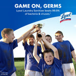 Group of kids in dirty blue sports shirts celebrating with a trophy under a Lysol headline promoting laundry sanitizer