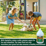 Children and a dog playing on a green lawn with a Medina Hasta Gro gallon bottle inset and promotional copy at bottom
