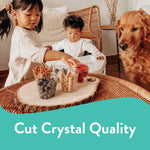 Lifestyle scene showing children and a dog with clear plastic cups used as snack containers on a wood tray