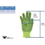Single green textured kids glove shown with measurement arrows indicating finger length, width and overall length